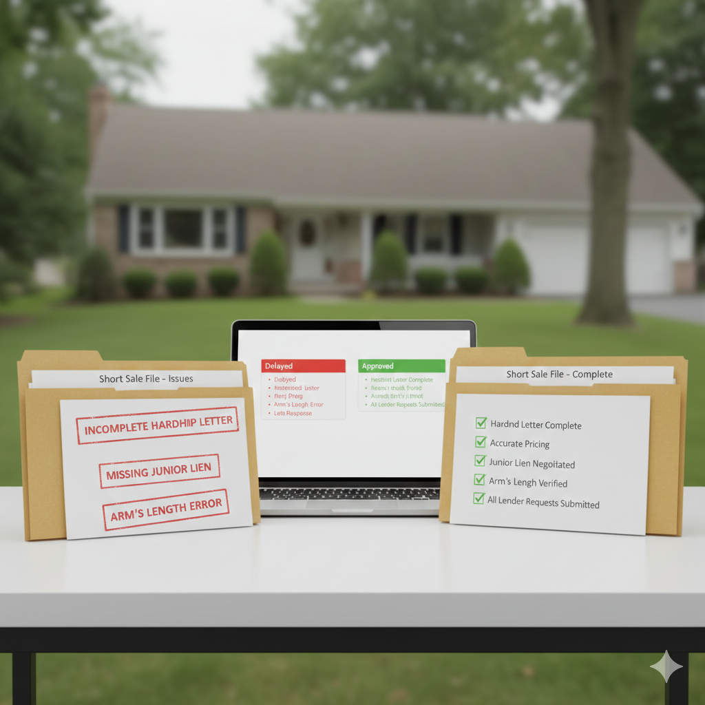 Short sale approval comparison showing incomplete hardship letter, missing junior lien, and arm’s length errors versus organized short sale file with complete documentation and lender approval status on screen.