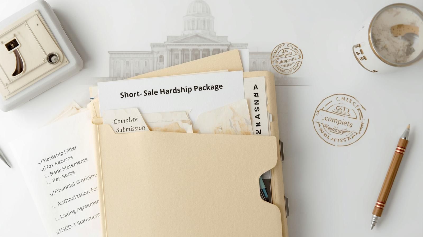 Short sale hardship package folder with organized financial documents, checklist marked complete, and courthouse background illustrating Phase 1 pre-listing documentation in New Jersey.