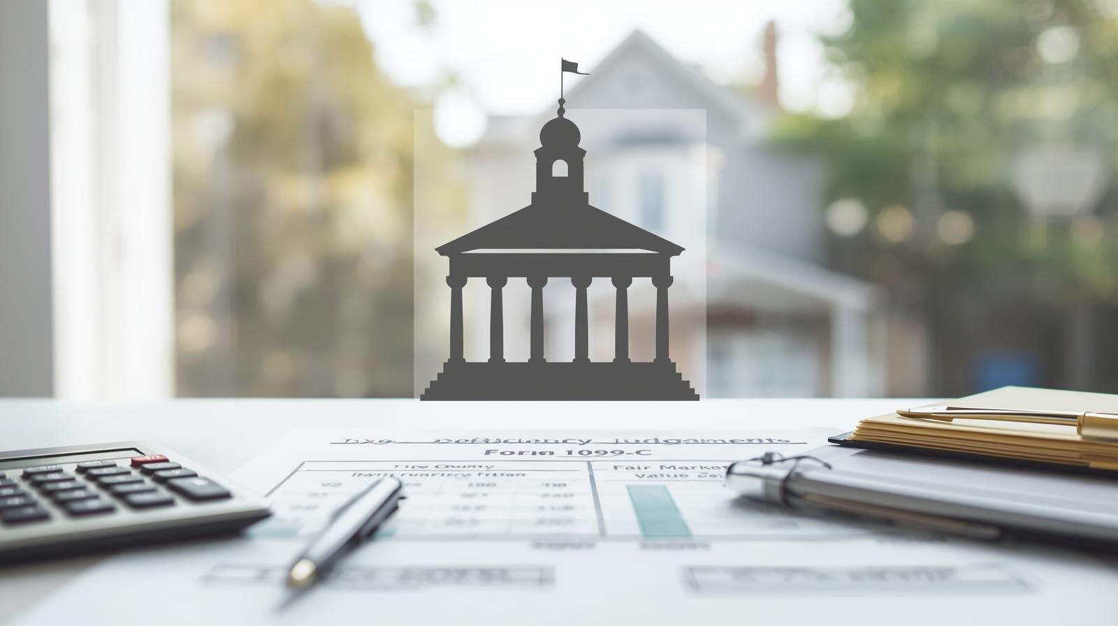 Passaic County tax and deficiency judgment illustration showing courthouse silhouette over desk with Form 1099-C, deficiency judgment documents, calculator, and suburban home background representing NJ foreclosure financial impact.
