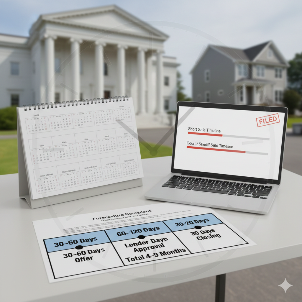 Short sale timeline illustration showing 30–60 day offer period, 60–120 day lender approval, and 30 day closing alongside court and sheriff sale timeline with filed foreclosure complaint and courthouse in background.