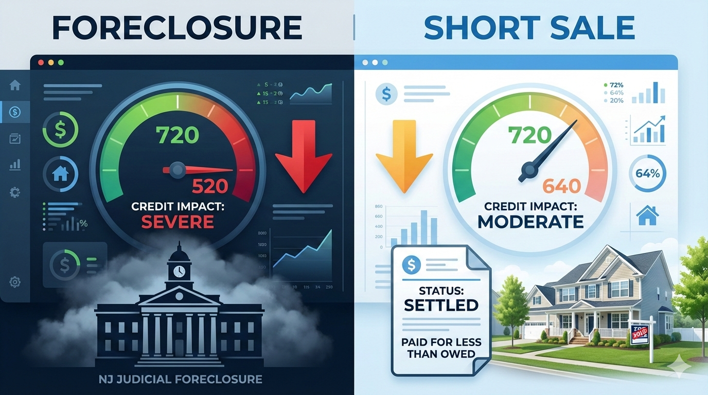 Short sale vs foreclosure credit score comparison graphic showing foreclosure drop from 720 to 520 labeled severe impact with NJ judicial courthouse, and short sale drop from 720 to 640 labeled moderate impact with settled status and suburban home.