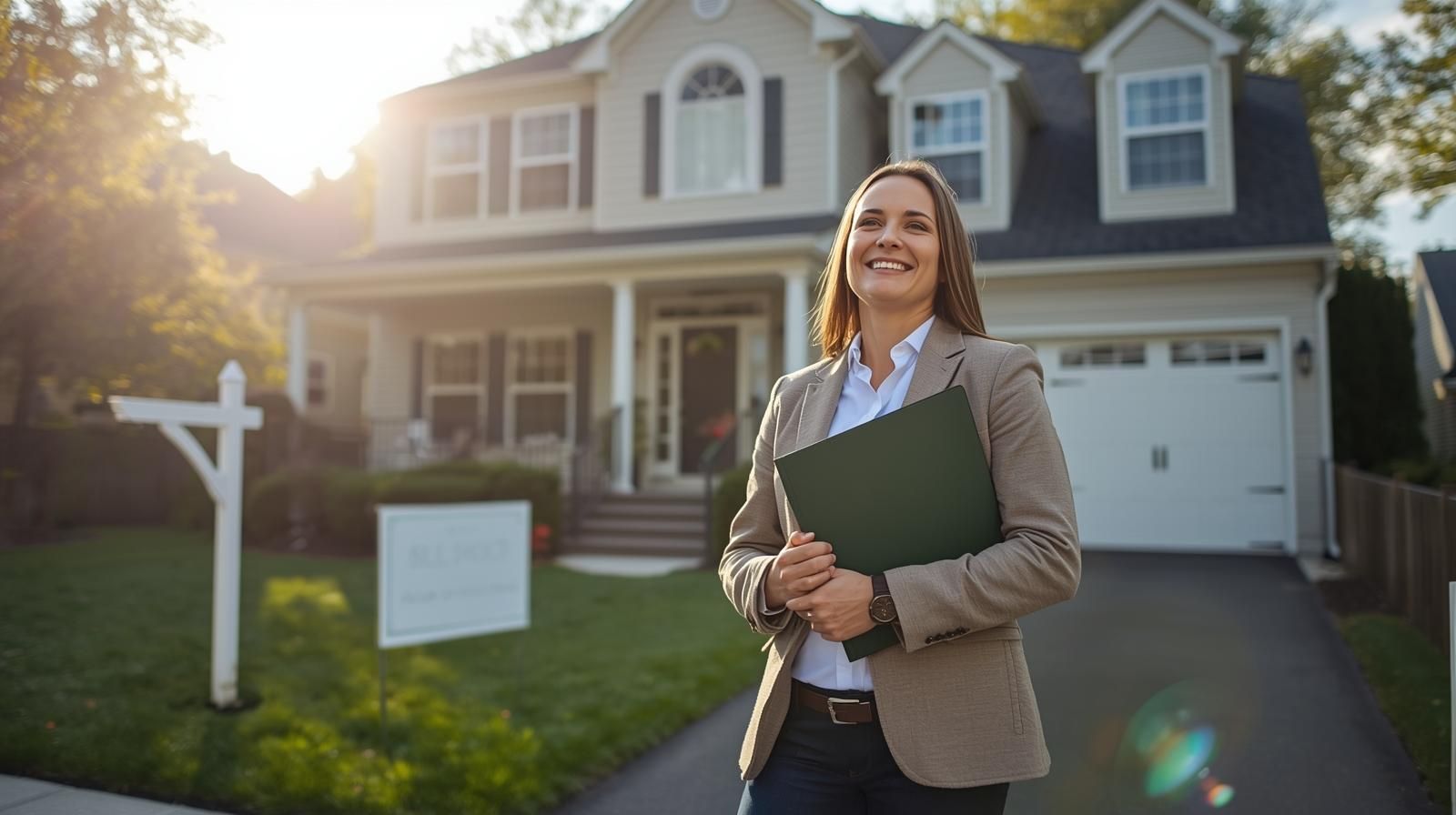 Bergen County homeowner standing confidently in front of well-maintained suburban home holding closing folder, symbolizing successful short sale and foreclosure avoided in Northern New Jersey.