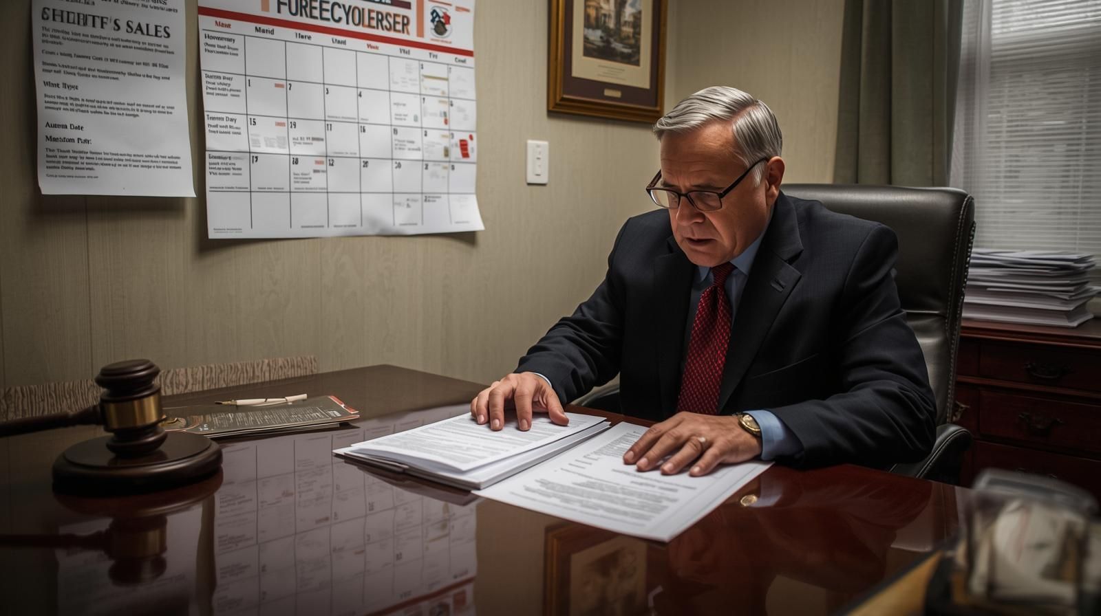 Bergen County legal office scene with homeowner reviewing sheriff sale and upset price documents at desk with gavel and court calendar, illustrating foreclosure procedures and surplus fund awareness in New Jersey.