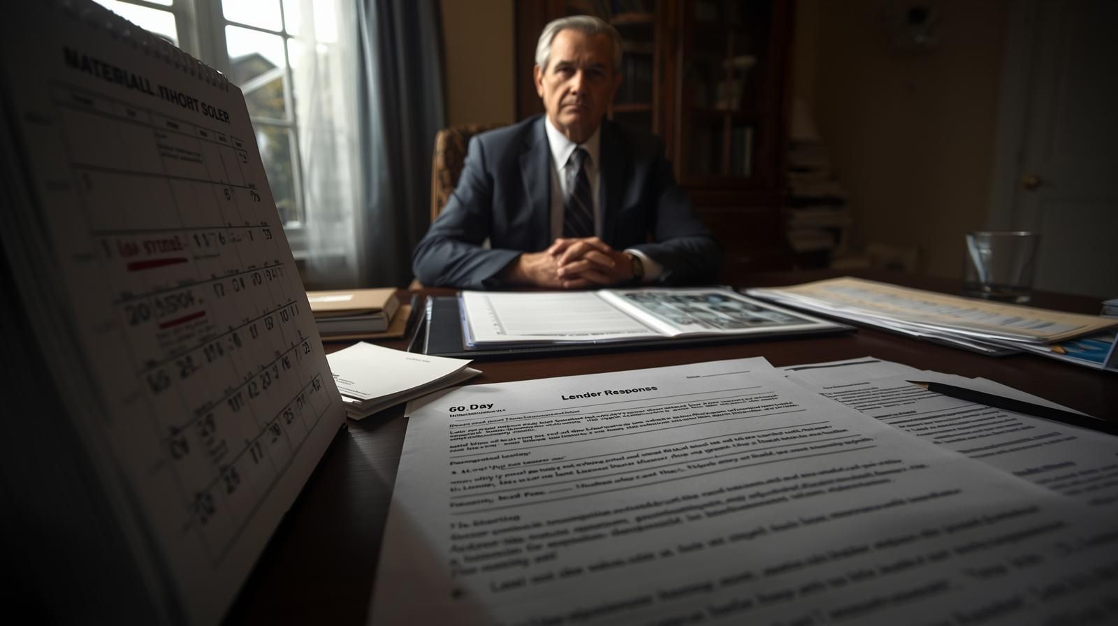 Bergen County homeowner reviewing short sale documents at desk with 60-day calendar visible, symbolizing NJ Fair Foreclosure Act timeline and lender response deadlines.