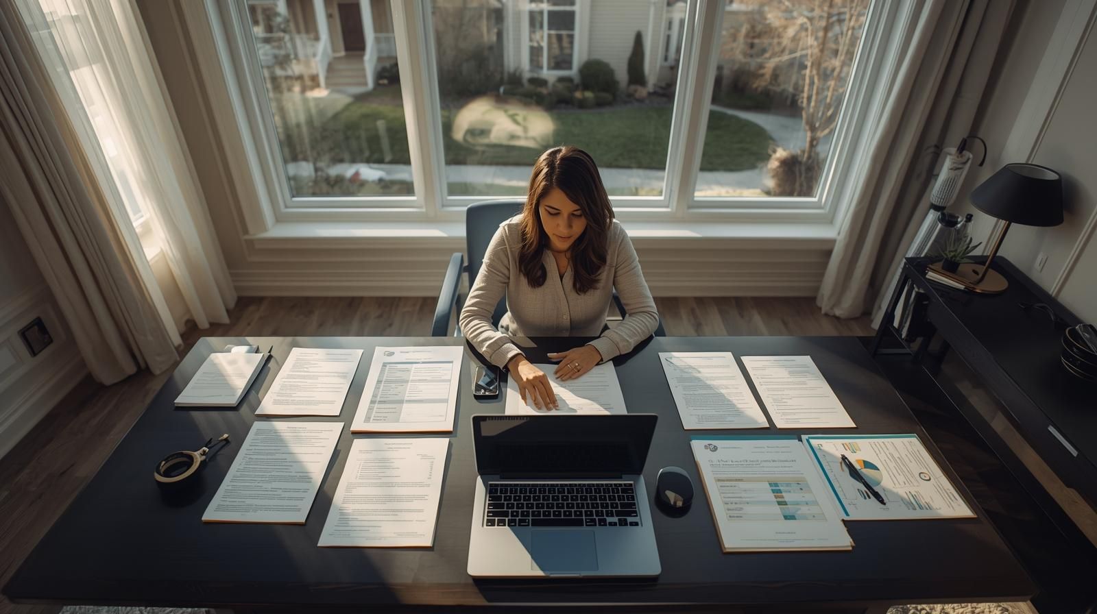 Bergen County homeowner reviewing organized short sale paperwork at modern desk with laptop and financial documents, illustrating step-by-step short sale process in Northern New Jersey.