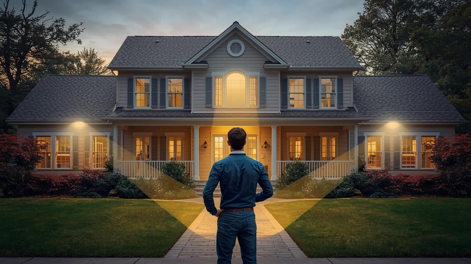 Bergen County homeowner standing confidently in front of well-maintained suburban home with illuminated pathways symbolizing mediation, Chapter 13 protection, and pre-foreclosure sale options.