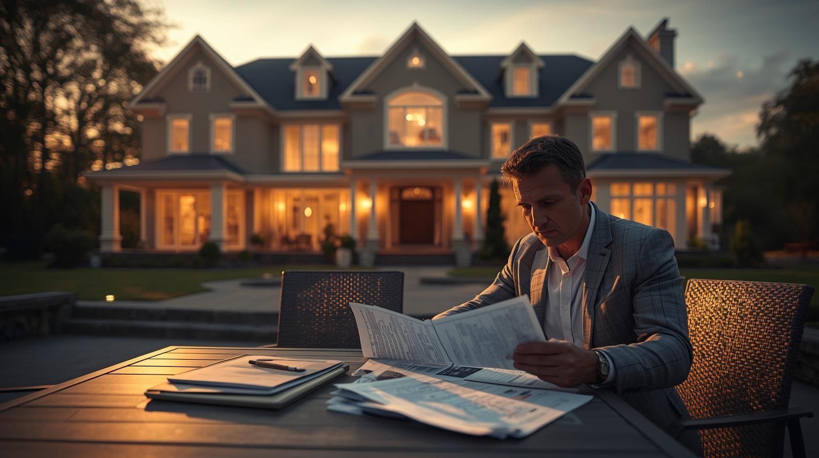 Bergen County homeowner reviewing mortgage and property tax documents outside upscale luxury home at sunset, symbolizing high-value short sale strategy and equity protection in 2026.