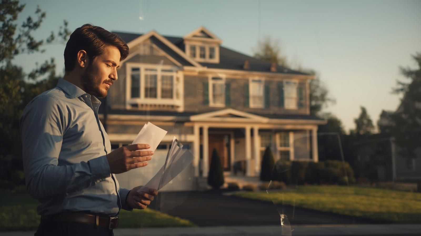 Upscale Bergen County home at golden hour with homeowner reviewing foreclosure paperwork outside, symbolizing equity protection and early action in 2026 foreclosure surge.
