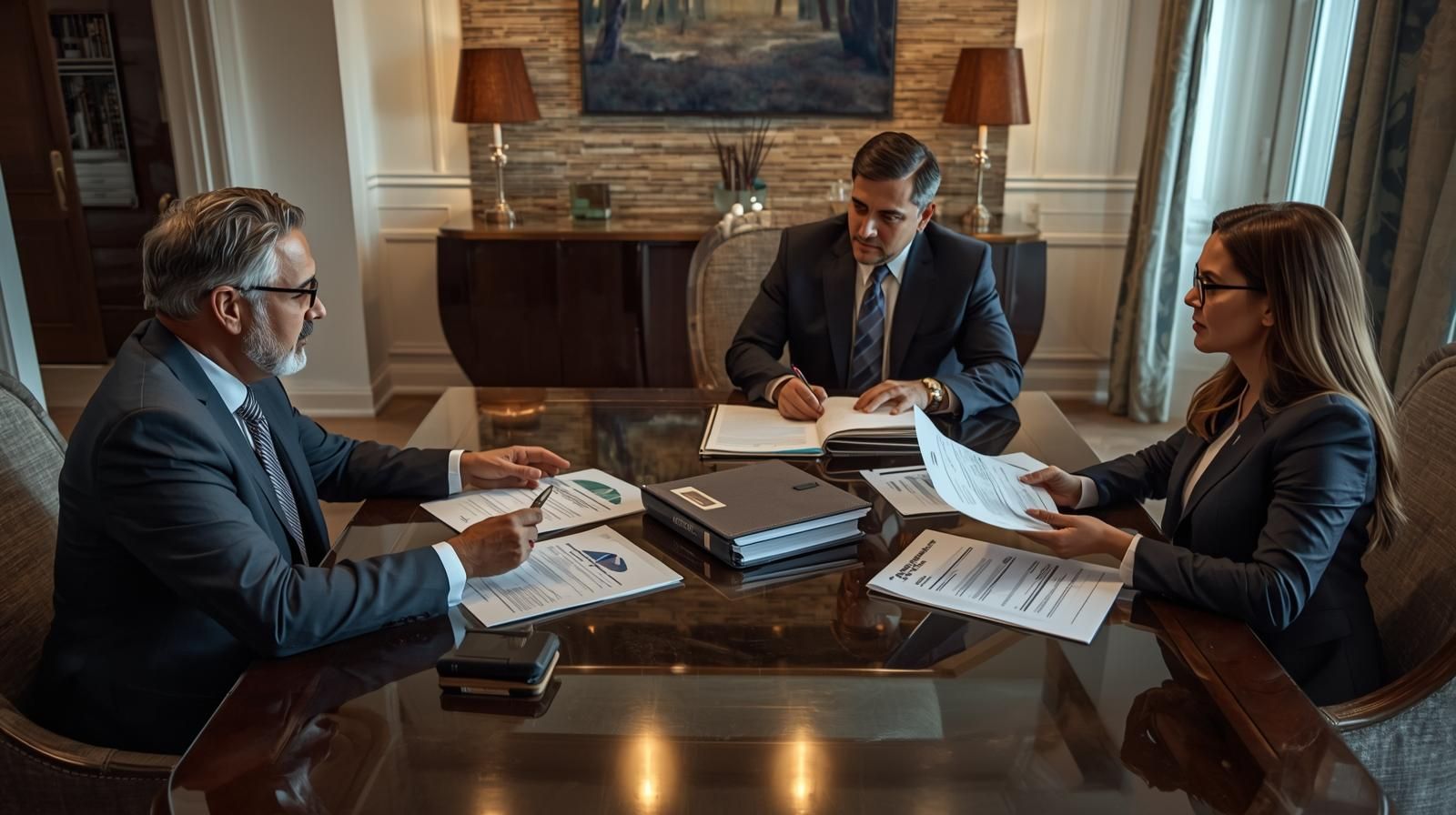 Homeowner meeting with foreclosure attorney and real estate professional inside modern Bergen County home, reviewing documents and discussing equity protection strategy.