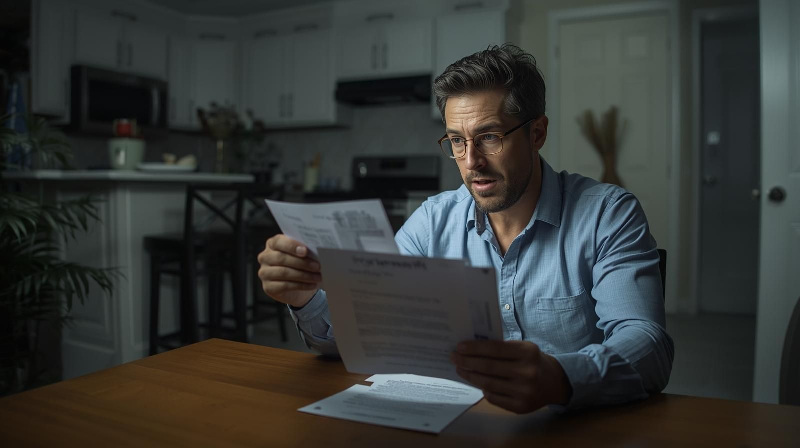 Bergen County homeowner opening official letter about second mortgage or HELOC at kitchen table, illustrating zombie debt risk and potential surprise foreclosure in 2026.