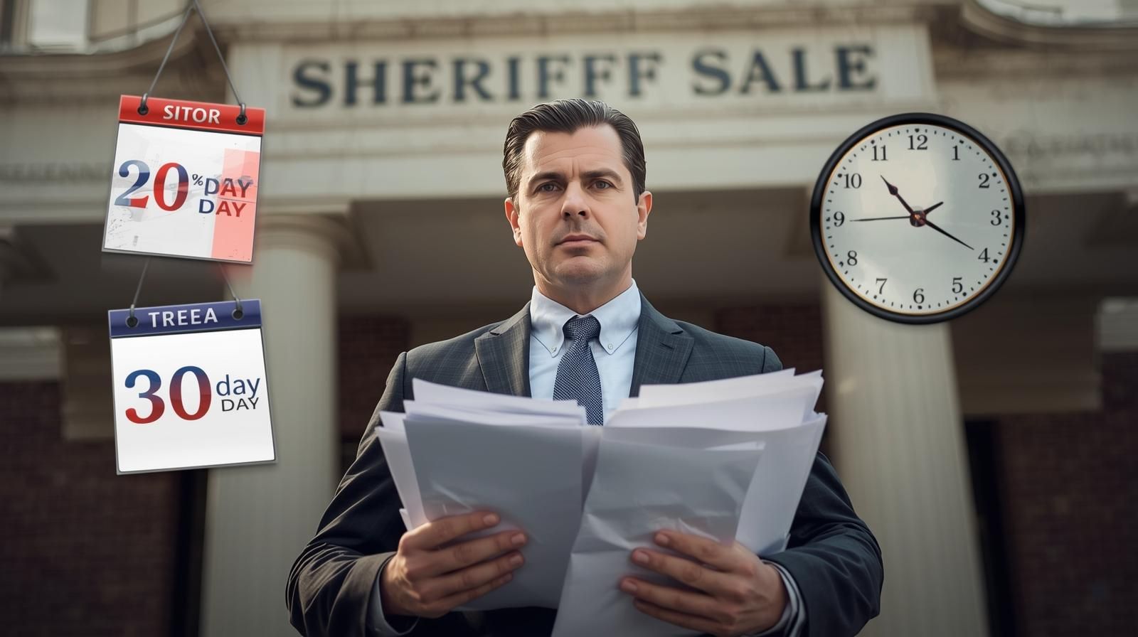 Bergen County homeowner standing outside courthouse with sheriff sale sign, holding legal documents with calendar and clock symbolizing 30-day statutory adjournment rights to stop foreclosure.
