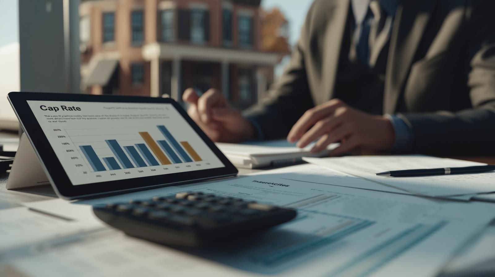 Real estate investor reviewing cap rate chart on tablet with calculator and property tax documents on desk, Paterson multi-family building in background symbolizing cash flow and foreclosure investment analysis