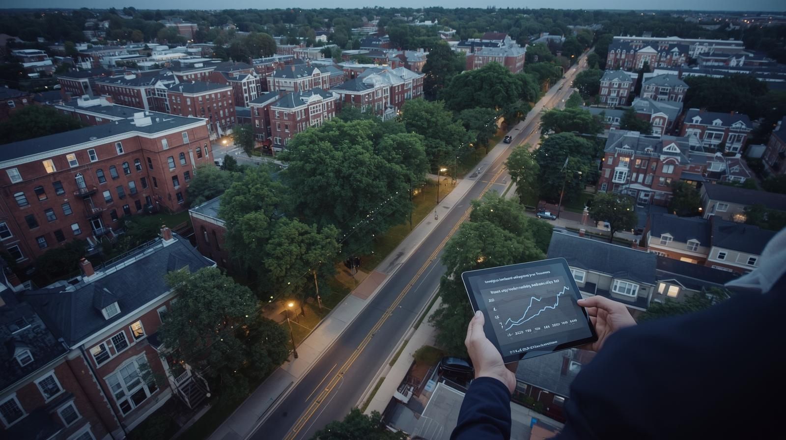 Aerial view of Paterson NJ neighborhoods including historic homes and multi-family buildings with investor holding tablet showing rental income growth chart symbolizing cash flow analysis and neighborhood investment strategy