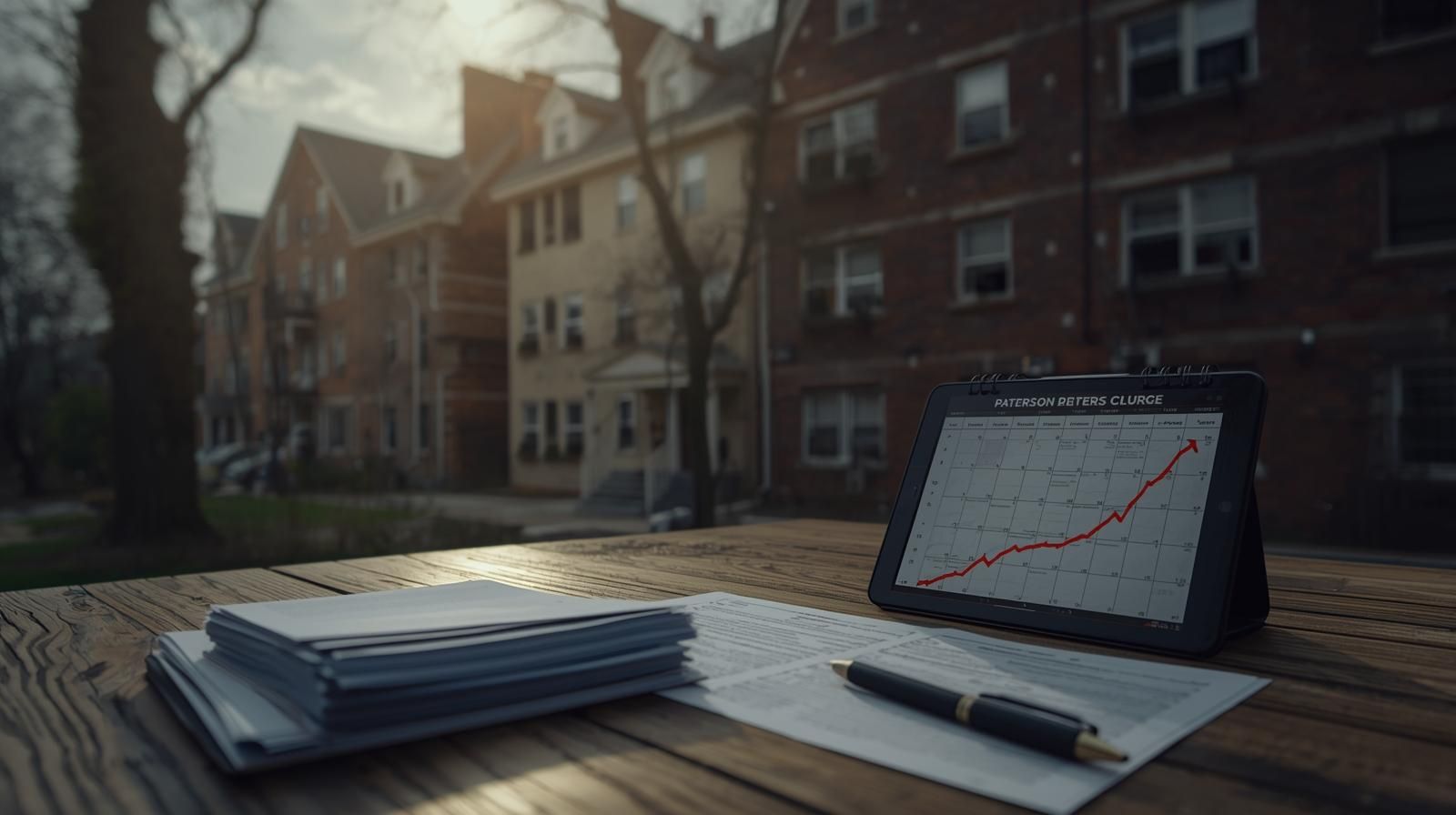 Paterson NJ multi-family brick homes in background with legal foreclosure documents and rising interest rate chart on tablet in foreground symbolizing judicial foreclosure process and market pressure