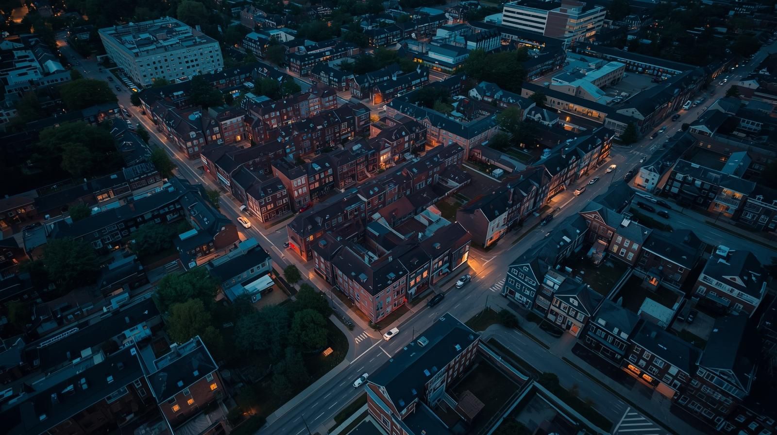 Aerial drone view of Paterson NJ neighborhoods at dusk showing dense brick multi-family buildings, mixed-use properties, and residential streets highlighting neighborhood-level real estate analysis and foreclosure trends