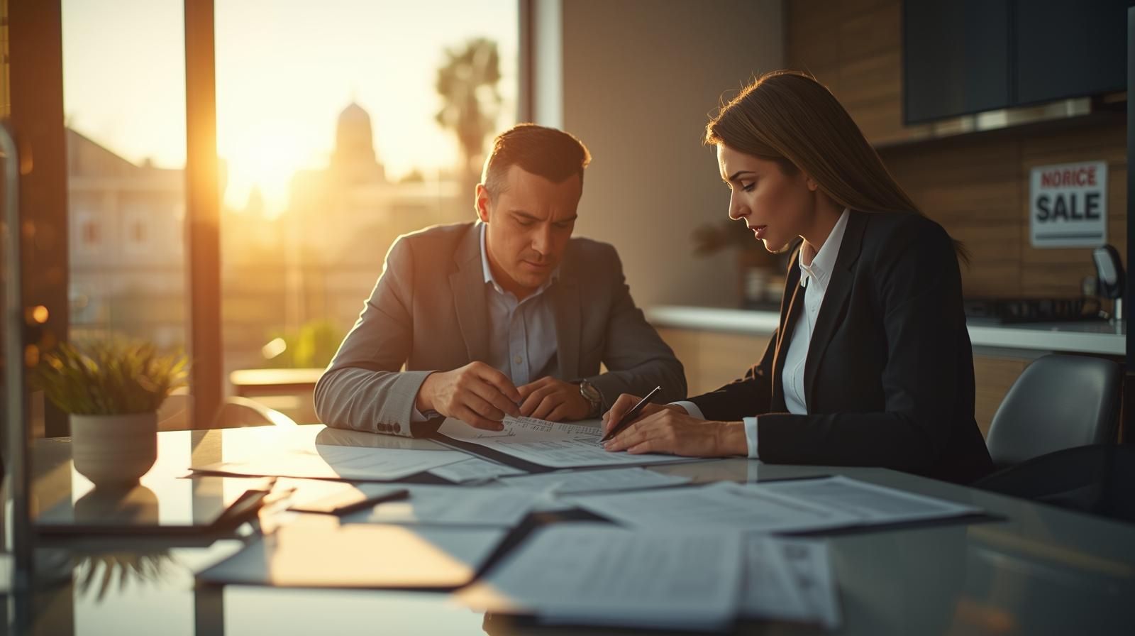 Homeowner meeting with real estate advisor reviewing foreclosure mediation and short sale documents at a table with courthouse visible in background symbolizing pre-foreclosure negotiation in New Jersey