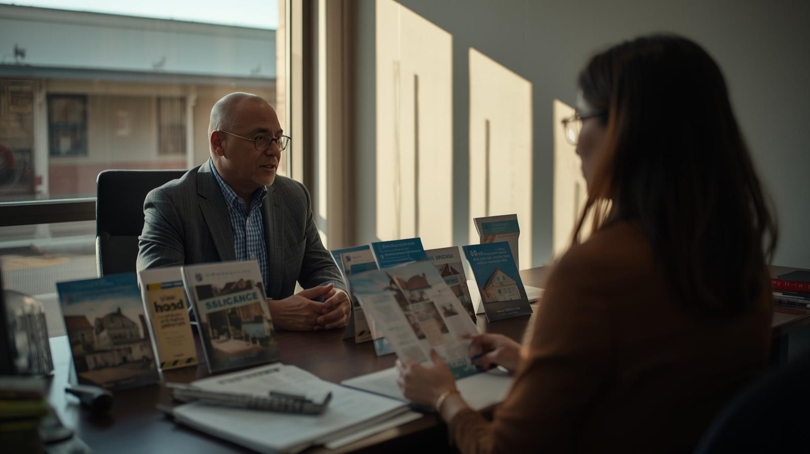 Paterson homeowner meeting with housing counselor in county office reviewing assistance brochures and mortgage relief documents symbolizing local foreclosure prevention and housing stability support