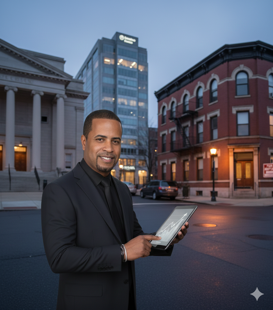 Real estate investor in downtown Paterson NJ holding tablet with financial chart near courthouse and brick multi-family building symbolizing sheriff sale auctions, REO properties, and short sale investment opportunities