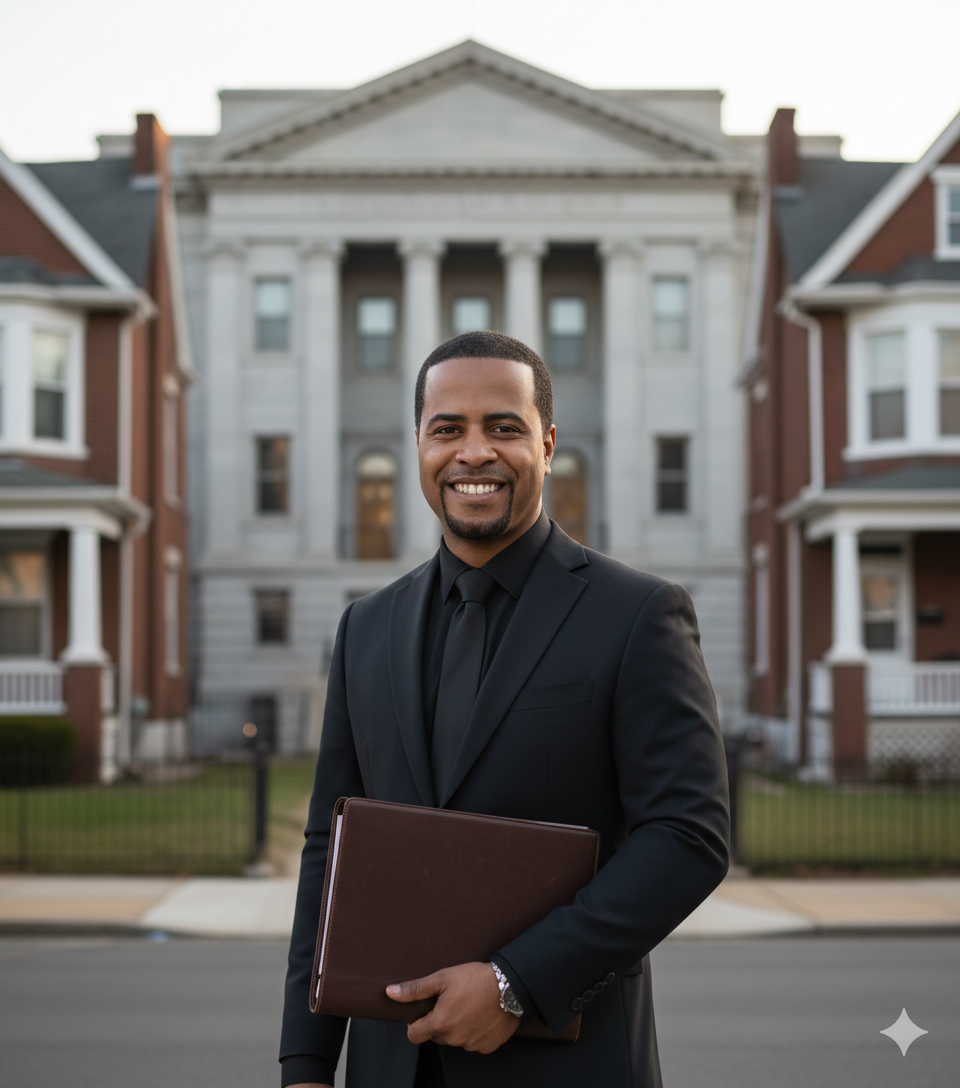 Experienced North Jersey real estate professional standing in front of courthouse and brick homes holding file folder symbolizing local foreclosure expertise and proactive sheriff sale strategy in Paterson