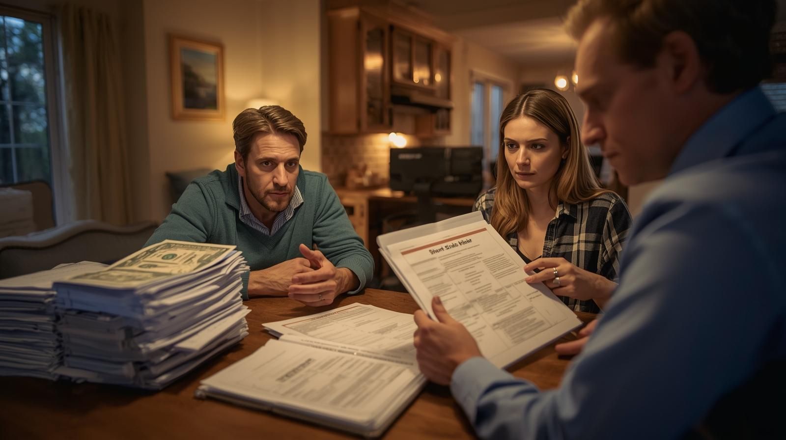 Clifton short sale consultation inside suburban home showing homeowners reviewing mortgage and tax documents with real estate professional, symbolizing foreclosure prevention strategy in Passaic County
