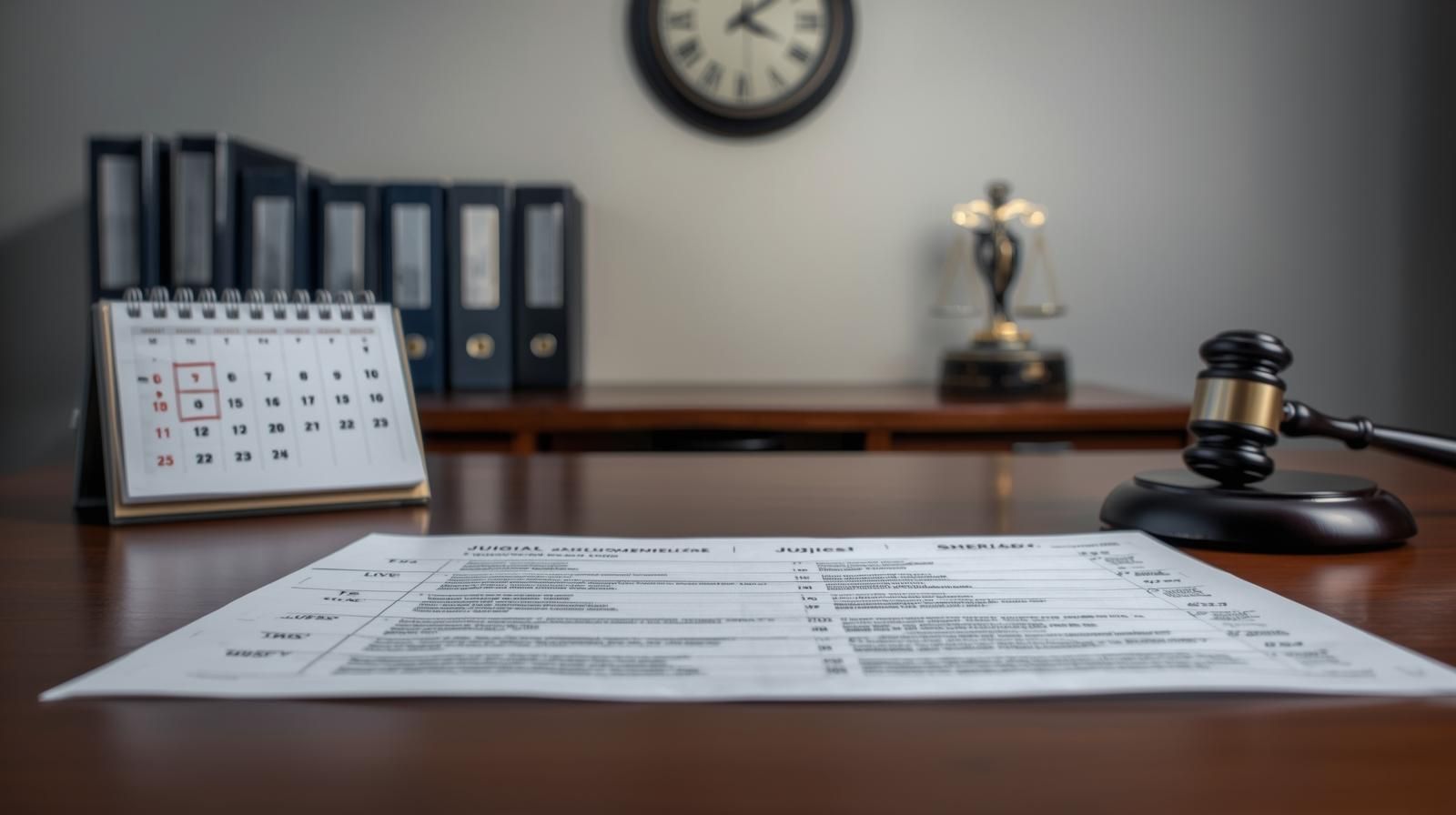 NJ judicial foreclosure timeline concept showing legal documents on desk with calendar deadline circled, judge’s gavel, clock, and organized case files representing complaint filing through Sheriff’s Sale in Passaic County