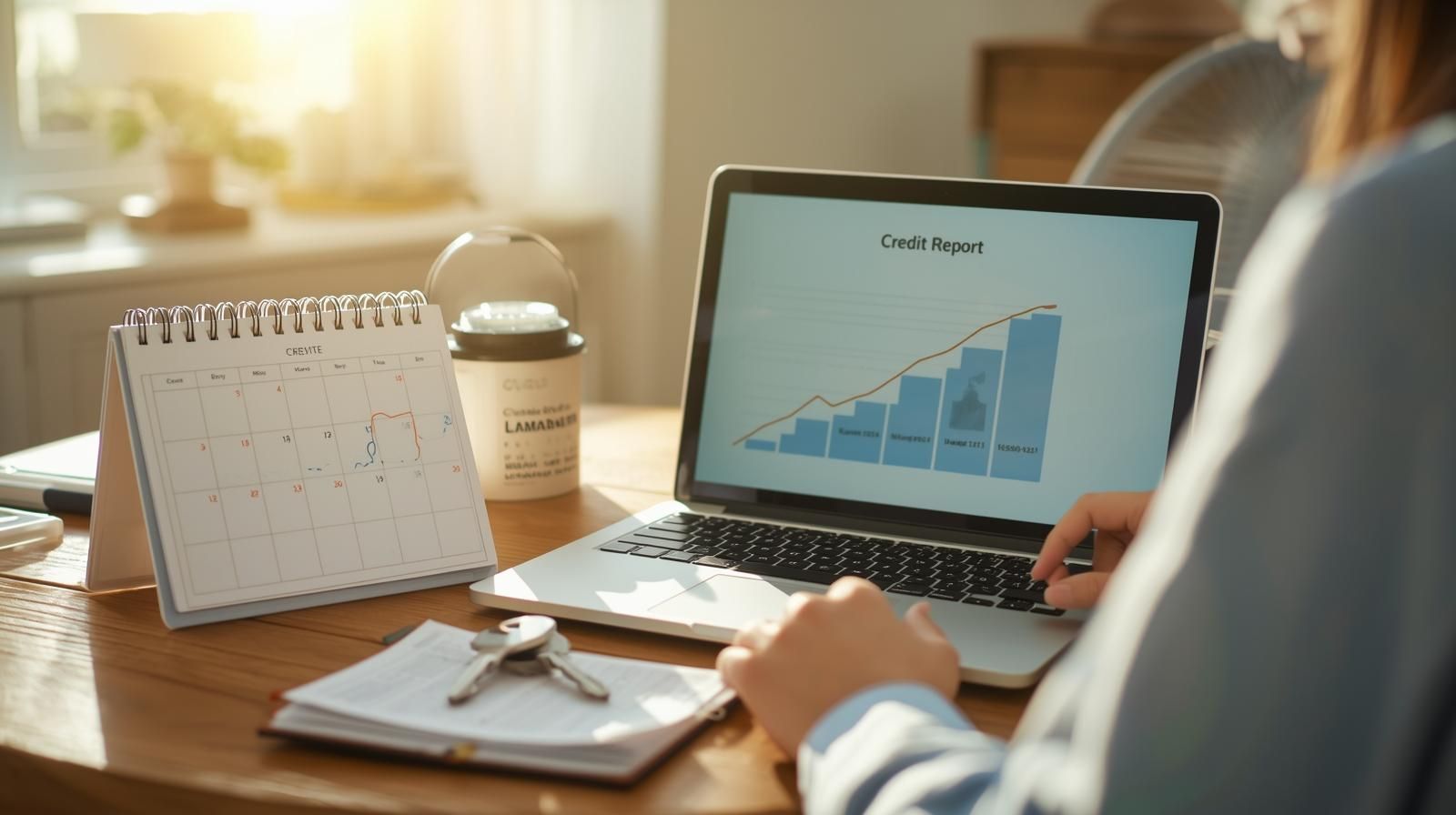 Homeowner in Clifton NJ reviewing credit report with upward trend on laptop, calendar and house keys on desk symbolizing rebuilding credit after a short sale and preparing for future homeownership