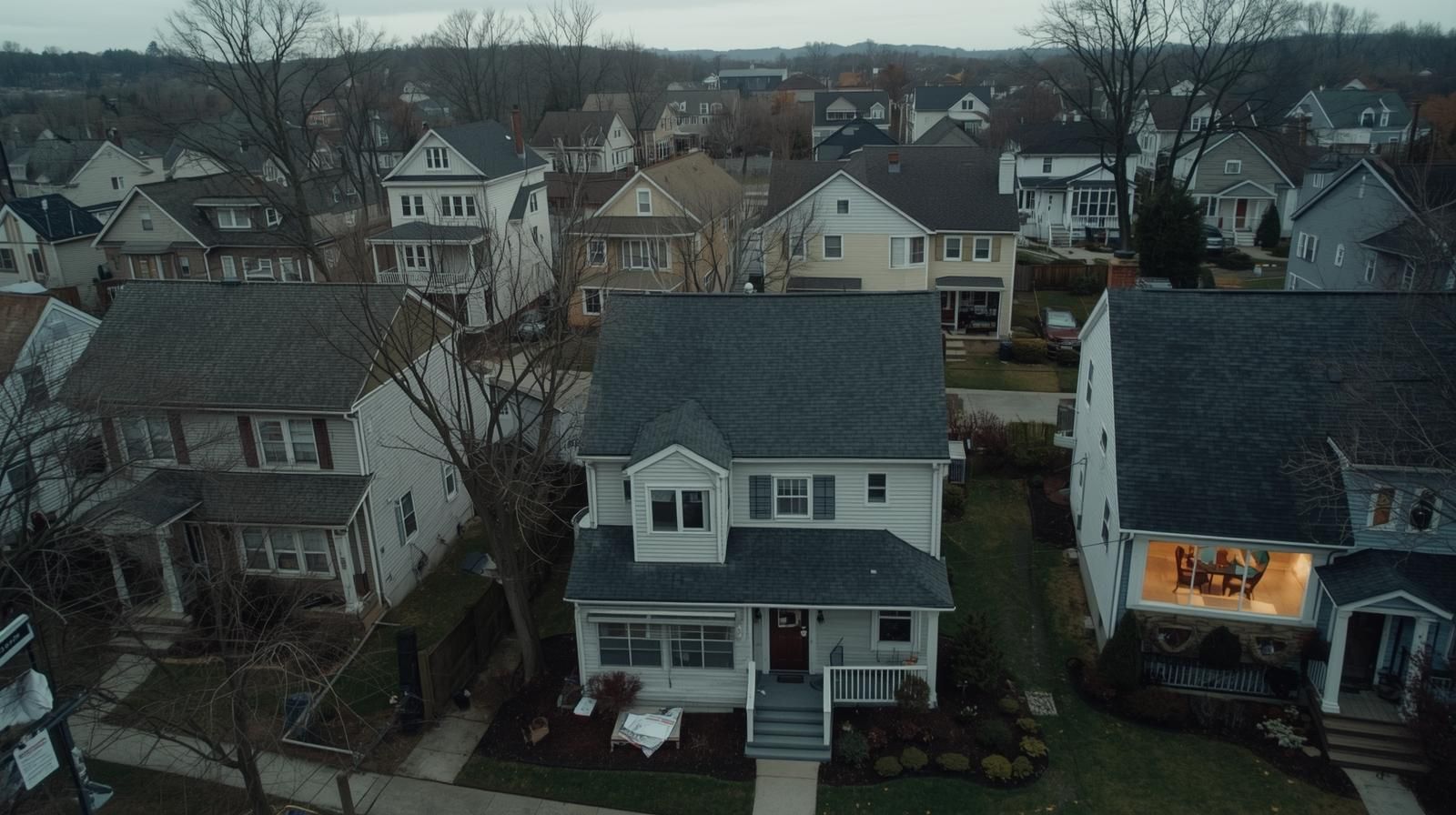 Clifton NJ residential neighborhood aerial view showing single family and small multi family homes under overcast skies, representing 2026 foreclosure landscape and Passaic County housing trends