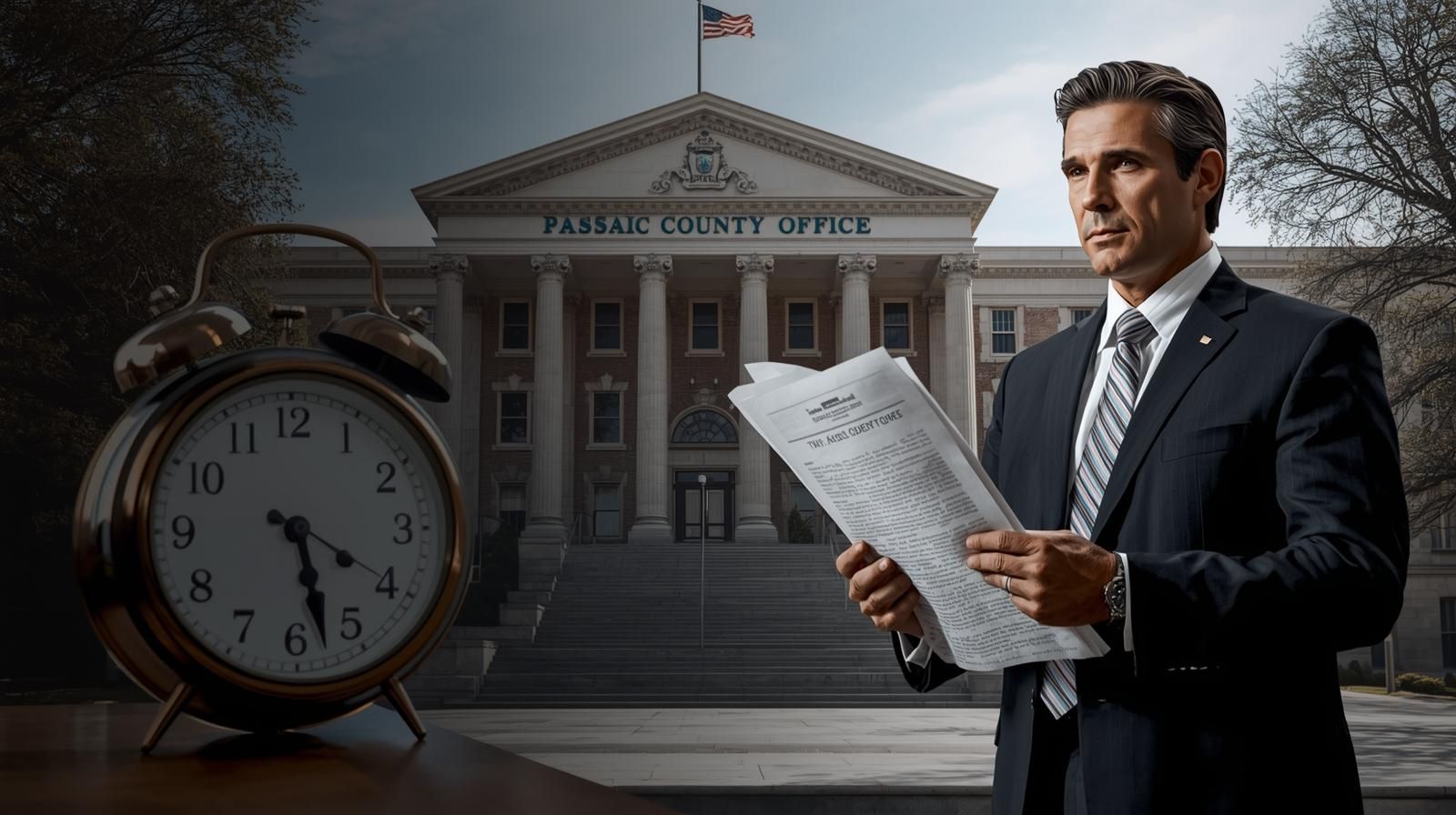 Passaic County Sheriff’s Office style government building in Wayne NJ with homeowner reviewing foreclosure paperwork and clock symbolizing two 30-day adjournment rights and legal timeline in New Jersey