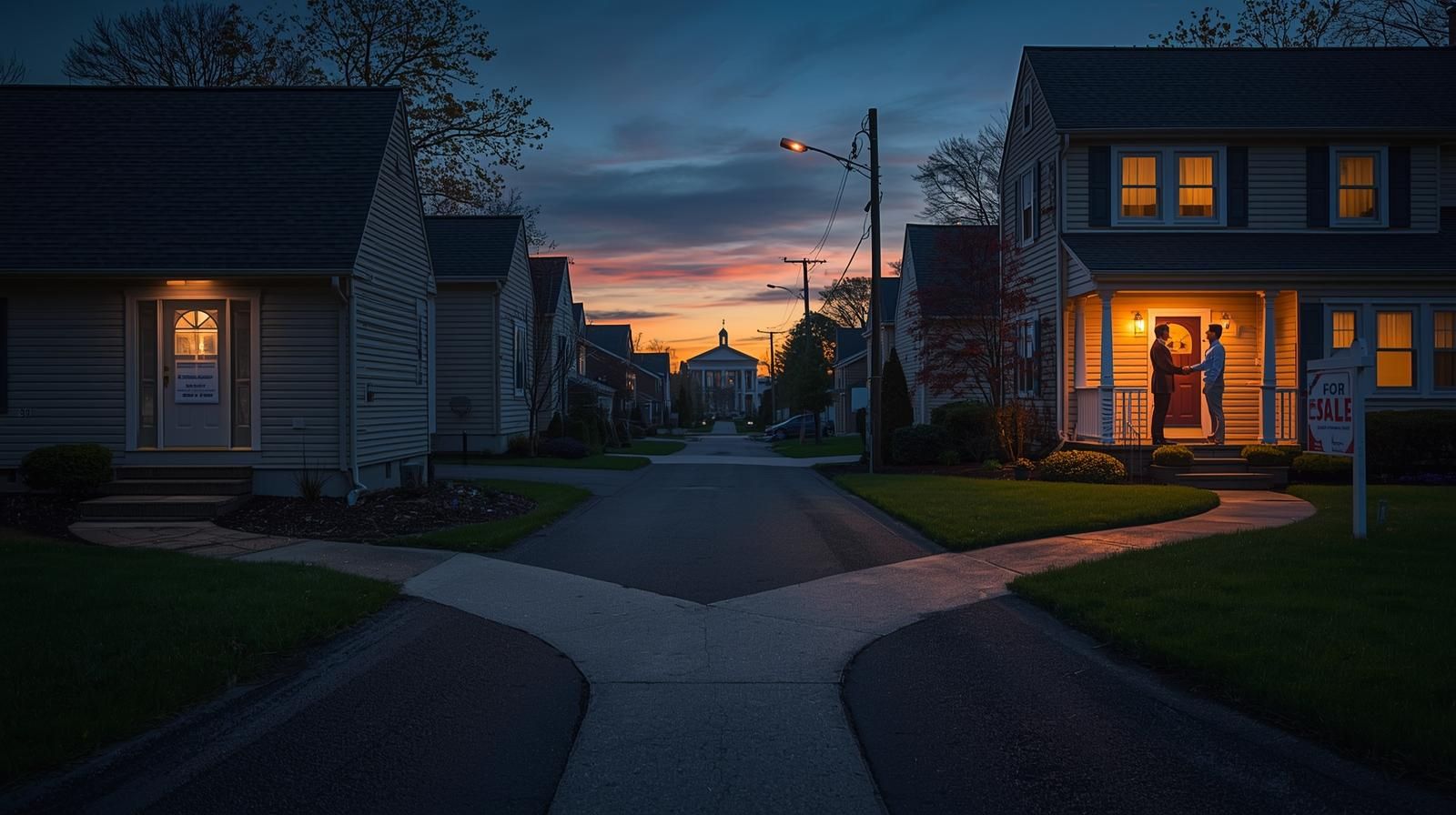 Fork in the road in a Clifton NJ neighborhood at dusk showing one home with foreclosure notice and another with for sale sign and handshake, symbolizing short sale vs foreclosure and credit impact decisions