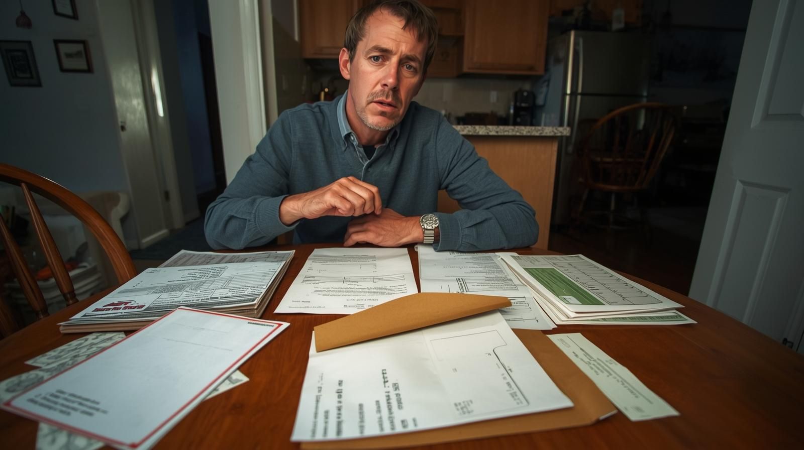 Clifton NJ homeowner reviewing property tax bills, mortgage statements, and legal notice at kitchen table, representing early stage foreclosure pressure in Passaic County