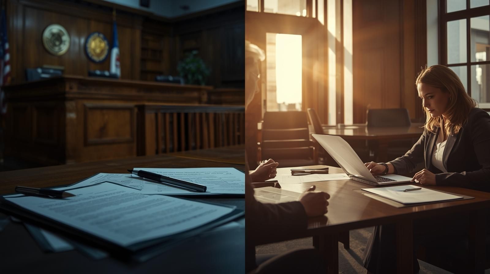 Split scene showing New Jersey courtroom with foreclosure documents on one side and Clifton short sale negotiation meeting on the other, symbolizing judicial foreclosure versus structured resolution in Passaic County