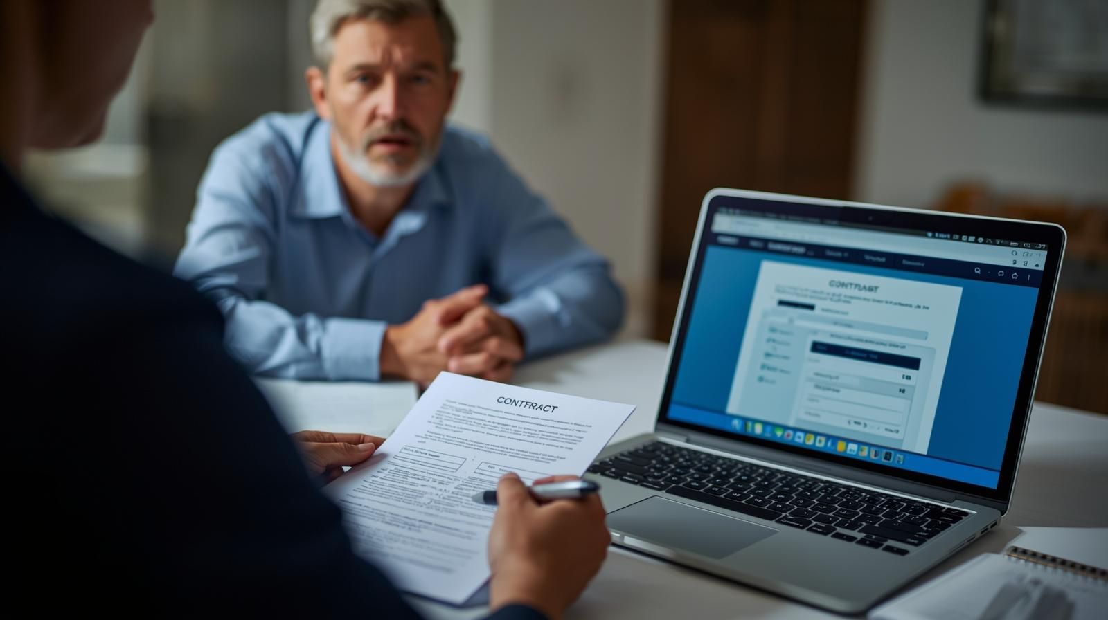 Clifton NJ homeowner cautiously reviewing contract while verifying company credentials on laptop, representing awareness and protection against foreclosure rescue scams