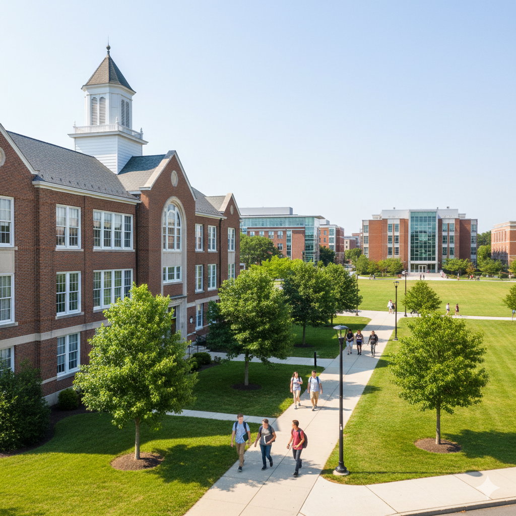 Students walking across a landscaped campus near Clifton NJ, highlighting proximity to Montclair State University and strong educational opportunities for families living in Clifton NJ.