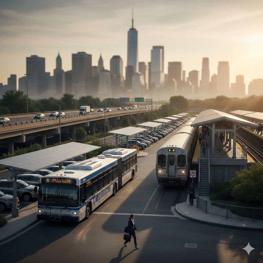 NJ Transit bus at Allwood Park and Ride and commuter train at Delawanna Station with Route 3 and Manhattan skyline in the background, highlighting commute flexibility for professionals living in Clifton NJ.