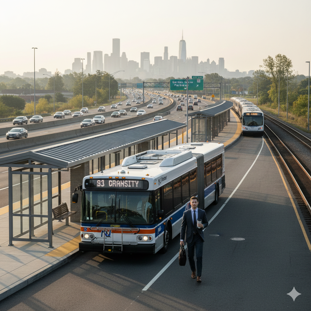 NYC commuter boarding NJ Transit bus near Route 3 in Clifton NJ with Manhattan skyline in the background, illustrating convenient transit access for professionals living in Clifton NJ.