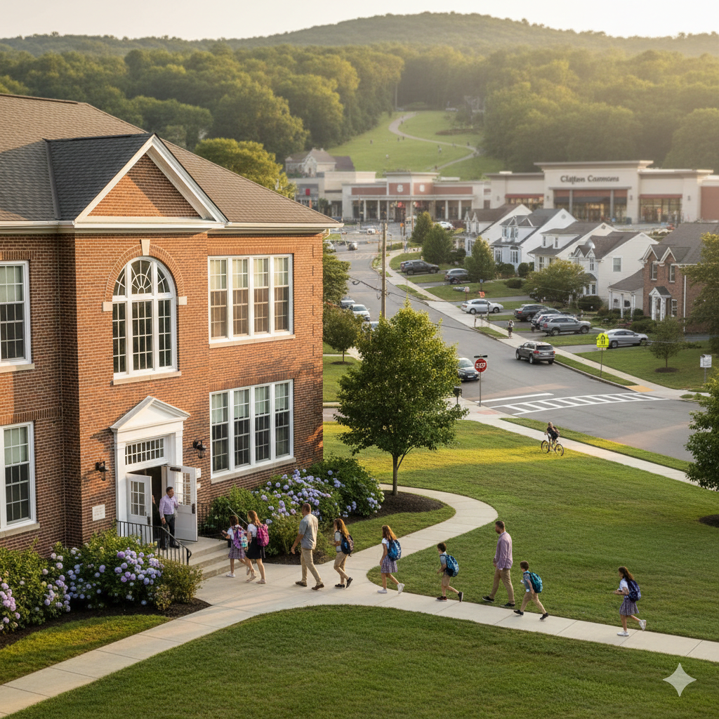 Elementary school in Clifton NJ with families walking children to class near residential neighborhoods and Clifton Commons, highlighting school zone advantages and community living in Clifton NJ.
