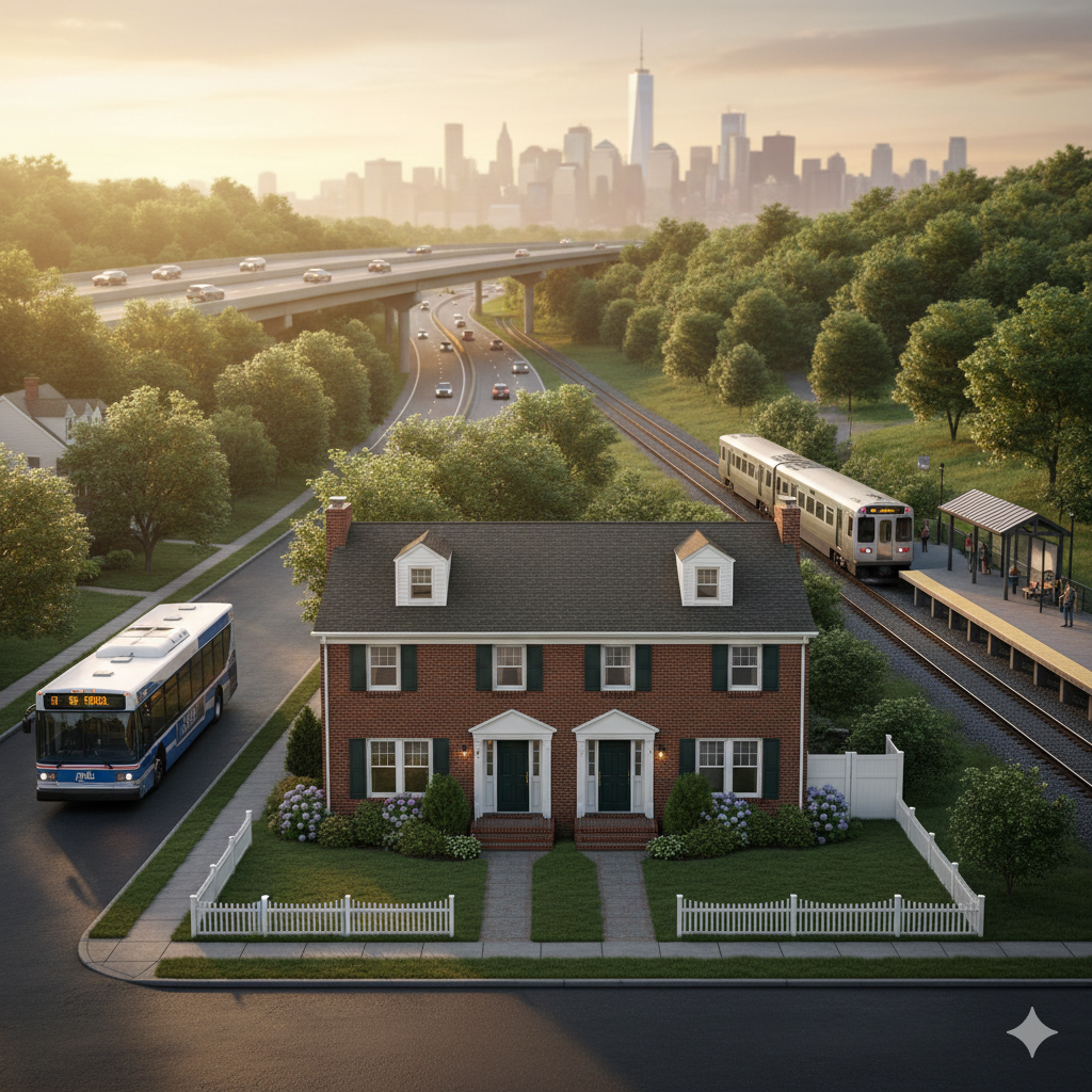 Two-family home in Clifton NJ with NJ Transit bus, commuter train, Route 3 highway access, and Manhattan skyline in the background, highlighting value and accessibility for those living in Clifton NJ.