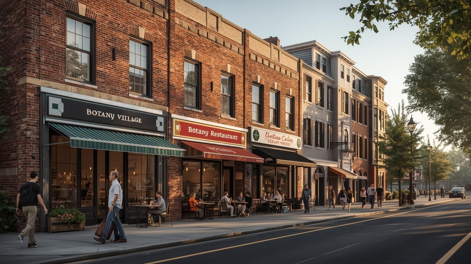 Walkable street in Botany Village Clifton NJ featuring brick storefronts, local restaurants, and outdoor café seating, highlighting the neighborhood’s cultural vibe and community atmosphere for those living in Clifton NJ.