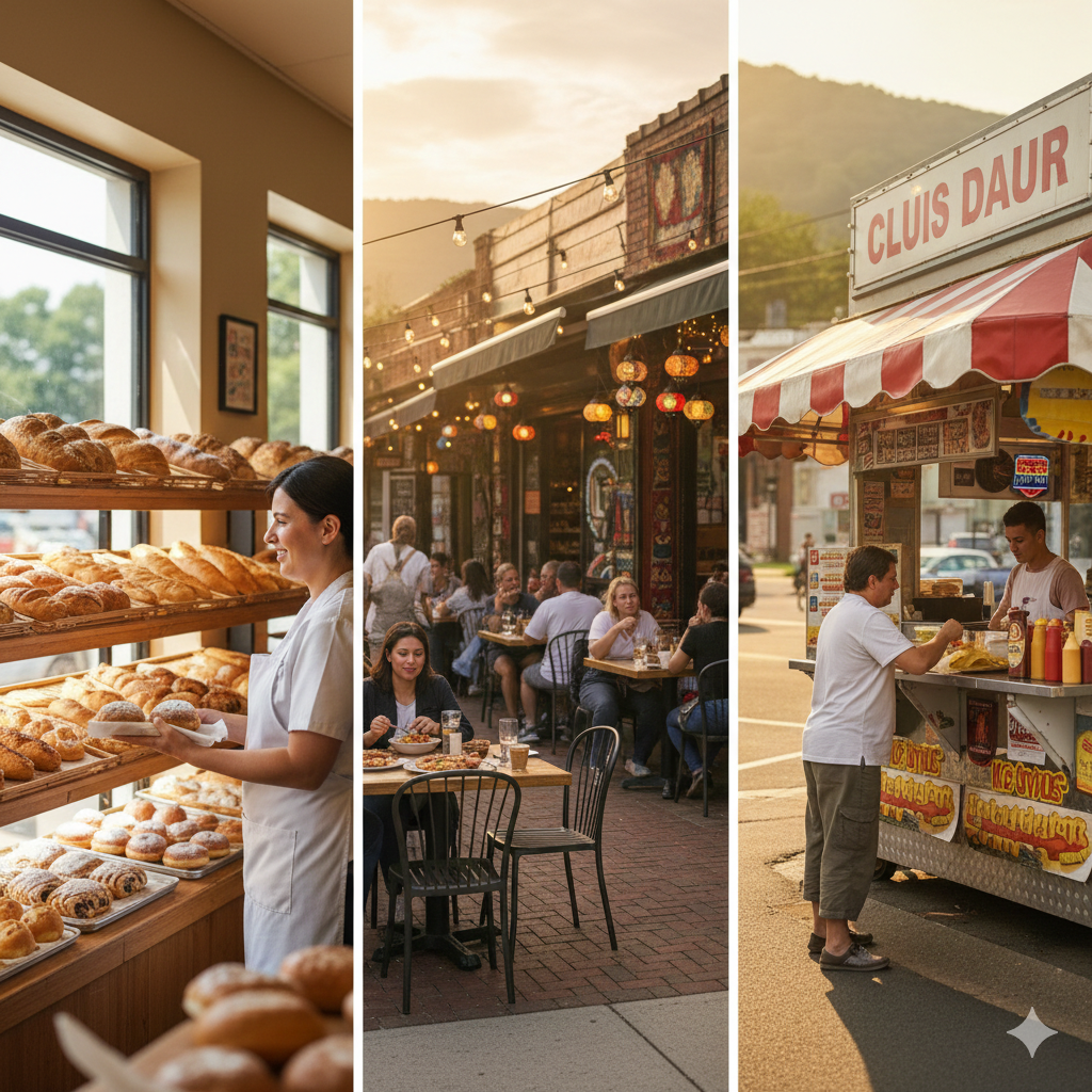 Clifton NJ lifestyle collage featuring a Polish bakery, vibrant restaurant dining scene, and classic roadside hot dog stand, highlighting local food culture and community living in Clifton NJ.