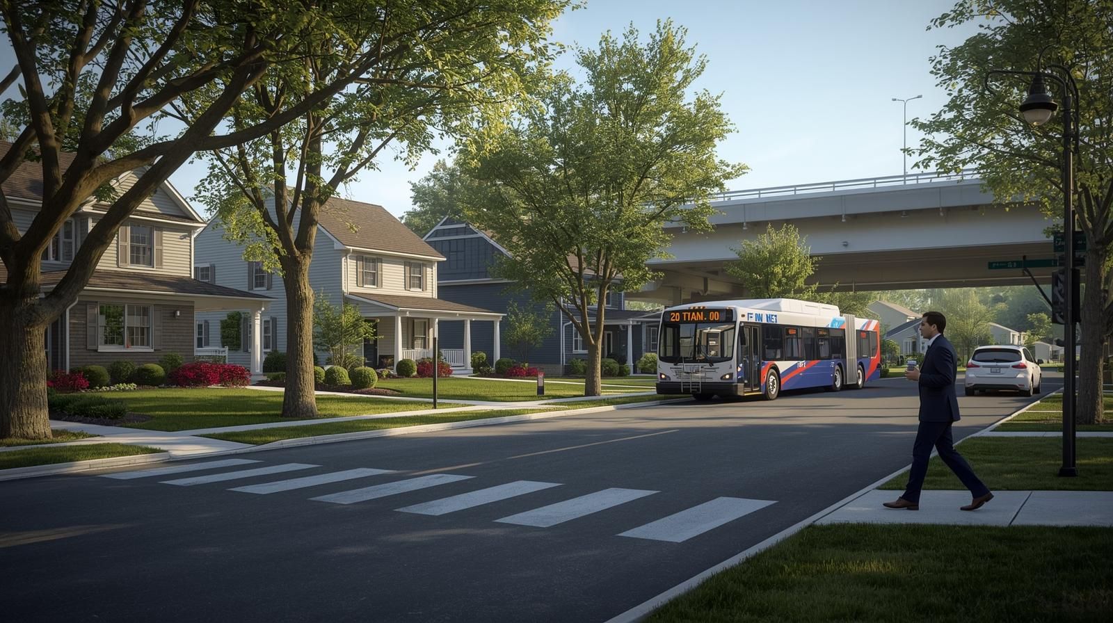 Tree-lined suburban street in Allwood Clifton NJ with well-maintained homes and a NJ Transit bus nearby, highlighting commuter convenience for professionals living in Clifton NJ.
