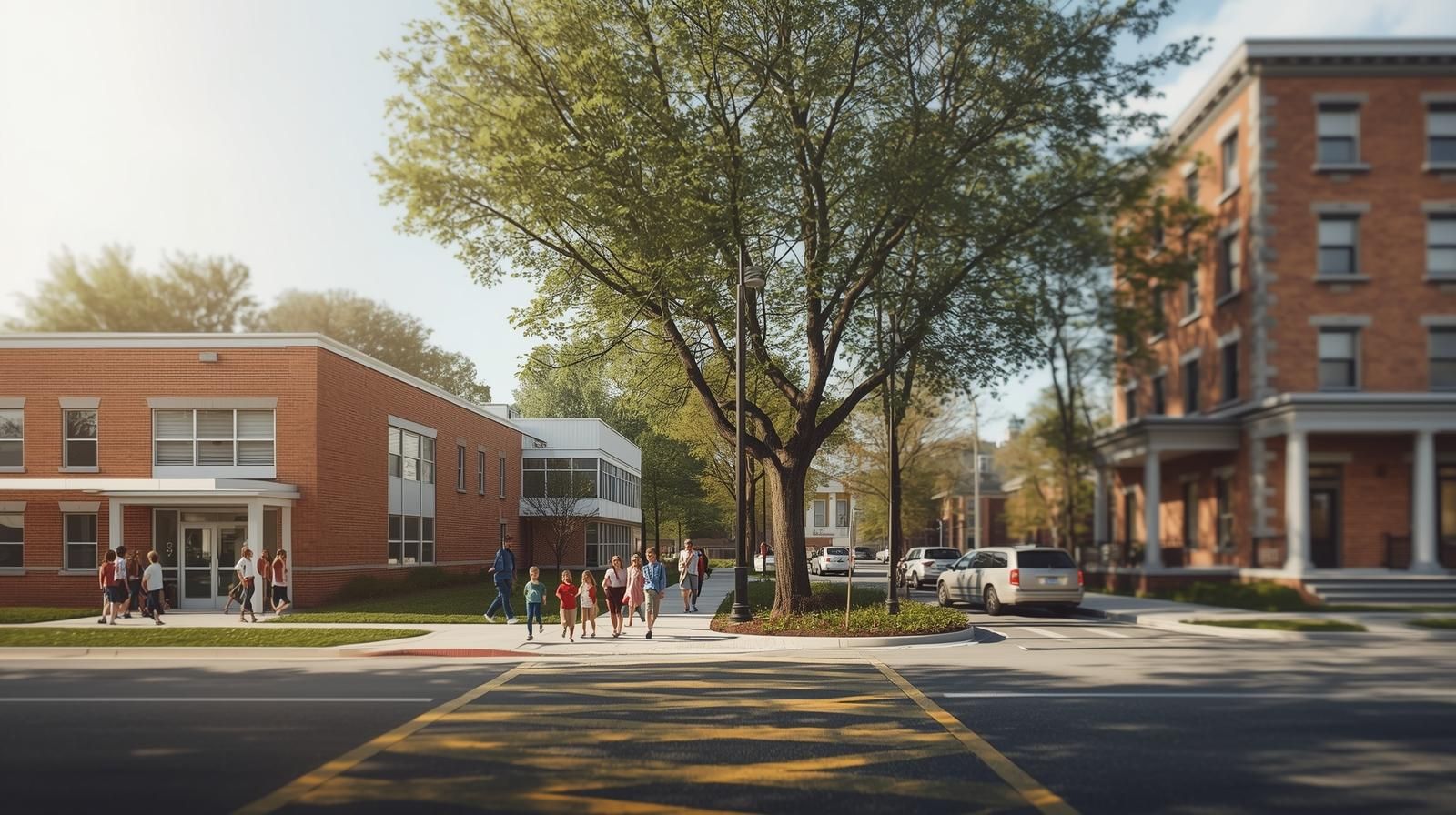 Elementary school in Clifton NJ with children crossing safely at a tree-lined intersection near residential homes, highlighting family-friendly school zones and community living in Clifton NJ.