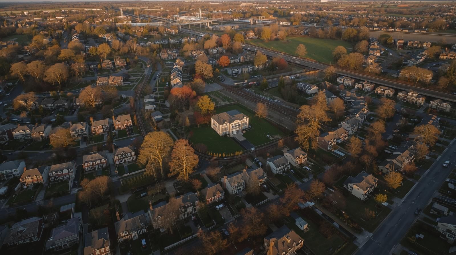 Aerial view of Bergen County NJ suburban neighborhoods at sunset featuring single-family homes, luxury estates, and major commuter highways, illustrating the 2026 real estate market outlook and limited housing supply.