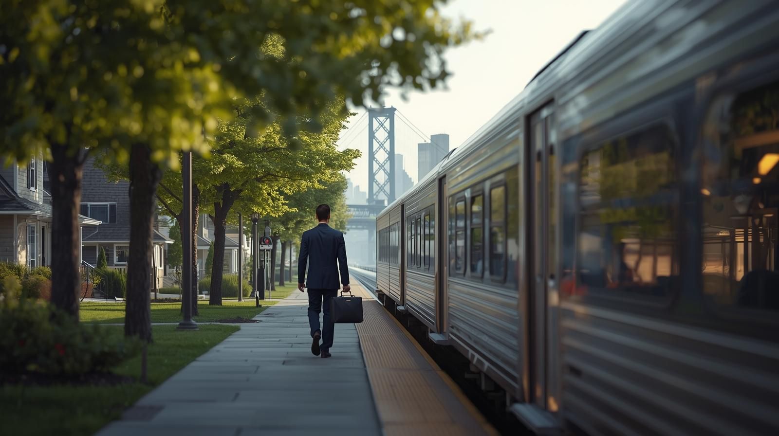 Professional commuter walking along a suburban Bergen County train platform toward a NJ Transit train with Manhattan skyline and bridge in the background, illustrating Bergen County NJ commute to NYC.