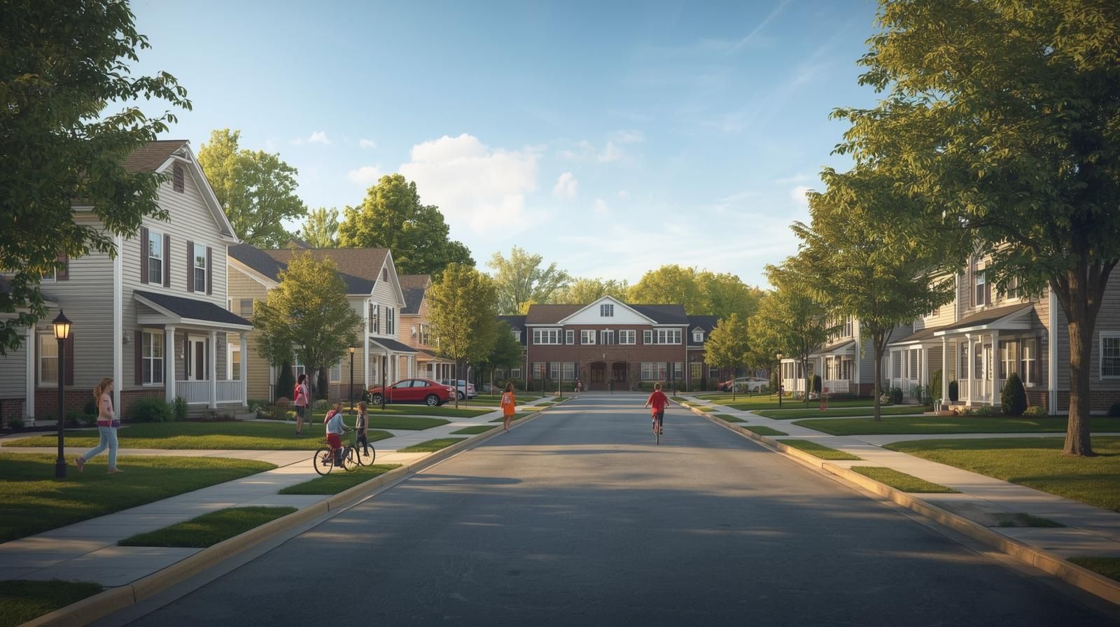 Quiet suburban street in Bergen County NJ with well-maintained single-family homes, children riding bikes, and a neighborhood school in the background, representing value towns like Dumont, Bergenfield, and New Milford for families.