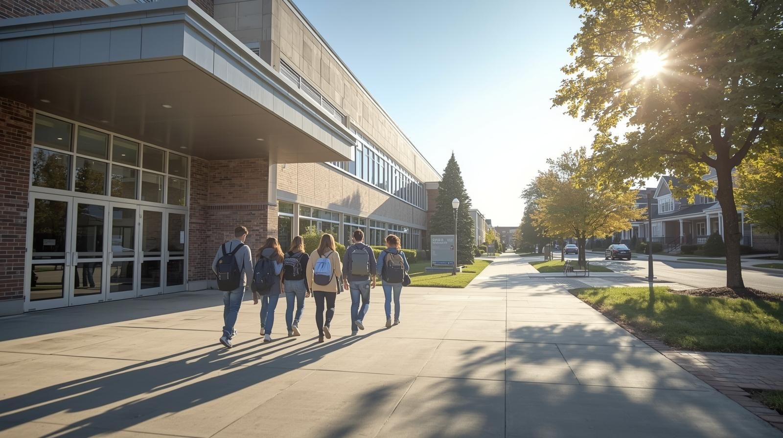 Students walking toward a modern suburban public high school in Bergen County NJ with tree-lined residential streets and morning sunlight, representing top-rated education and family-friendly living.