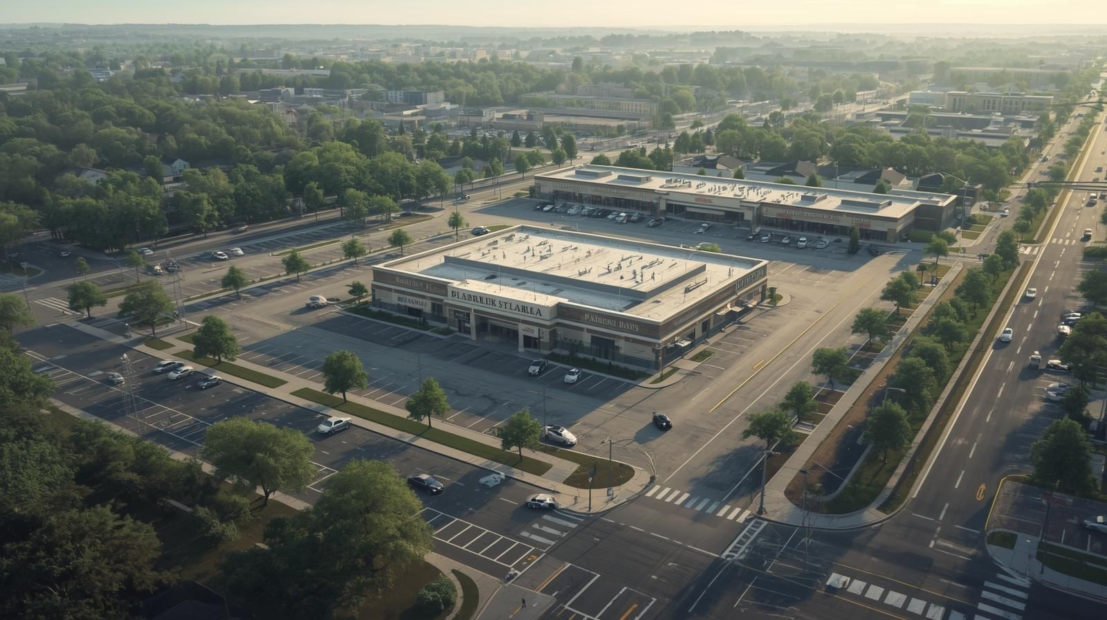 Aerial view of a quiet suburban shopping center in Paramus, Bergen County NJ with mostly empty parking lots on a Sunday morning, illustrating the impact of local Blue Laws on retail activity and traffic.