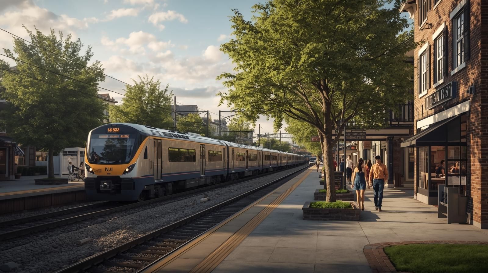 NJ Transit train at a walkable suburban station in Bergen County NJ with downtown shops and pedestrians, highlighting train-friendly towns like Ridgewood and Rutherford for NYC commuters.