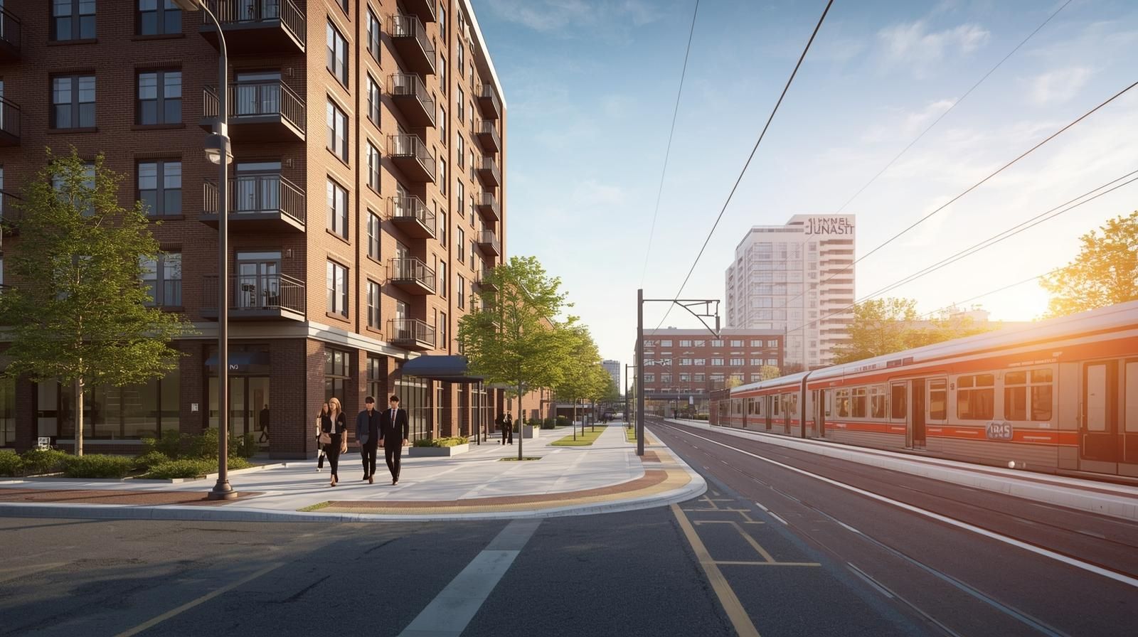 Mid-rise condo building in downtown Hackensack NJ near a commuter rail line with professionals walking on the sidewalk, illustrating affordable urban living and Bergen County NJ commute to NYC convenience.