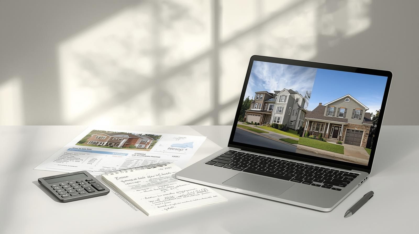 Desk scene with home listing documents, calculator, budget notes, and a laptop comparing a condo and single-family house, illustrating how affordability varies in Bergen County NJ real estate due to taxes and housing type.