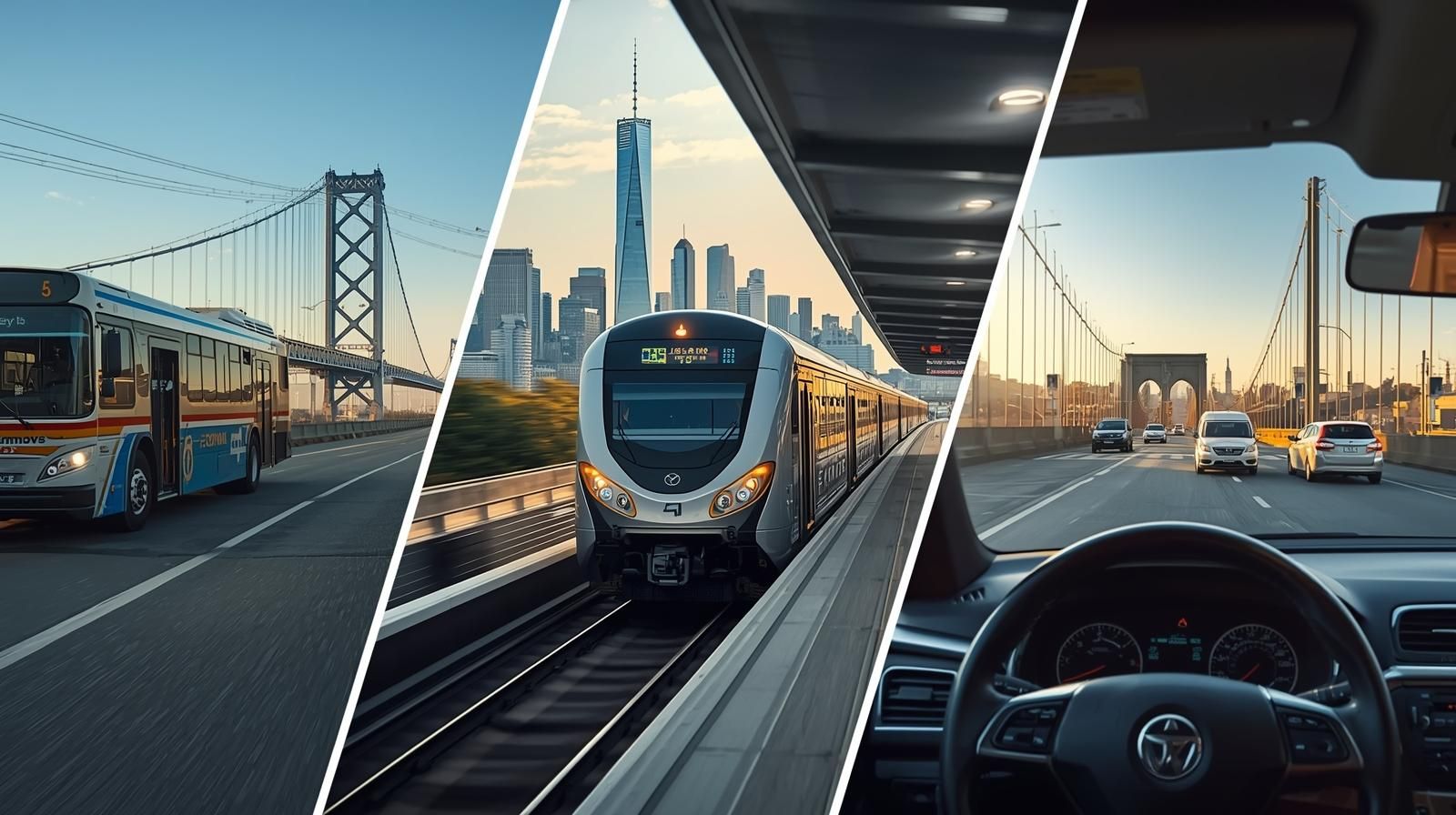 Split-screen image showing bus, NJ Transit train, and car commute from Bergen County NJ to Manhattan, comparing driving, rail, and bridge access options for NYC commuters.